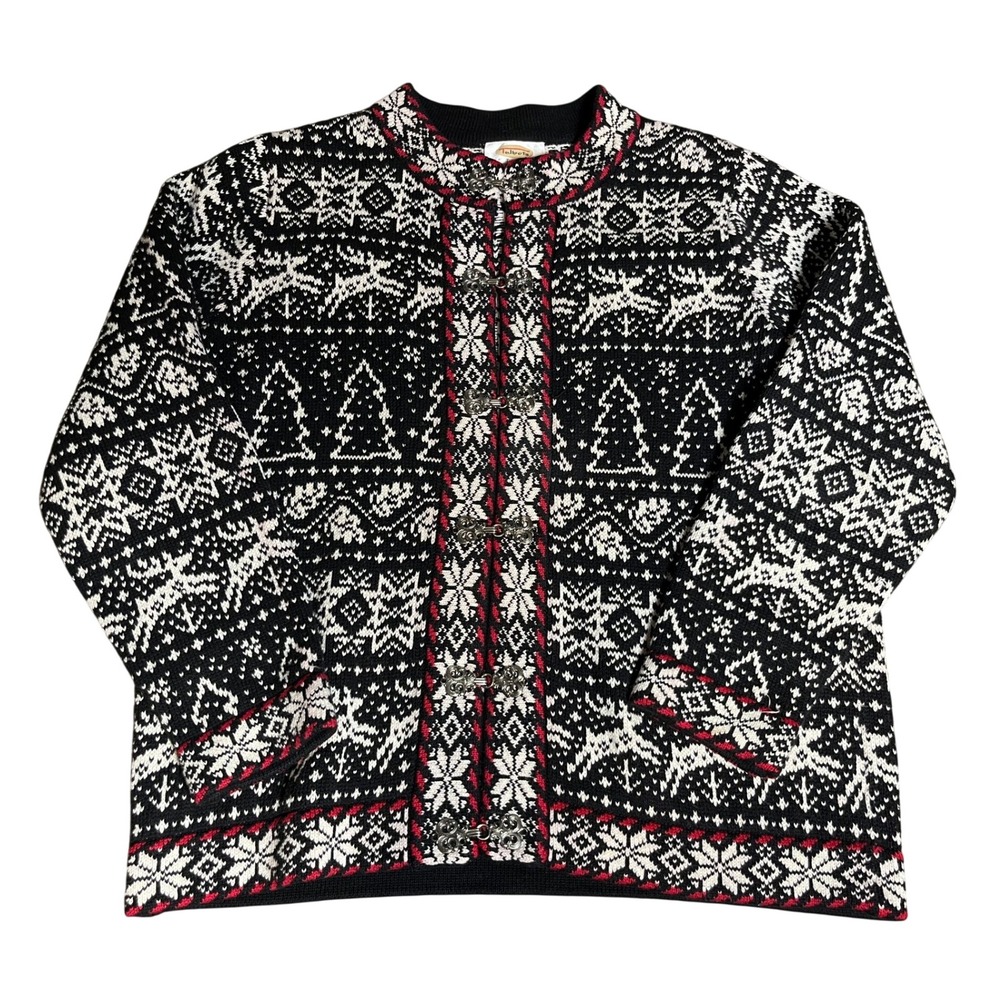 Talbots Petites Nordic Fair Isle Cardigan Sweater Reindeer Clasp Black Red Sz PM